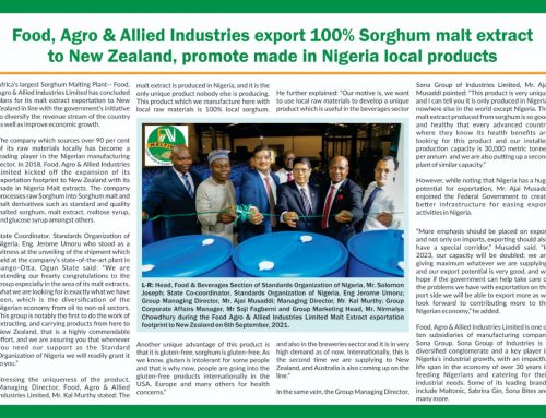 Punch News paper features FAAL 100% Sorghum malt extract export to New Zealand: 10th September 2021